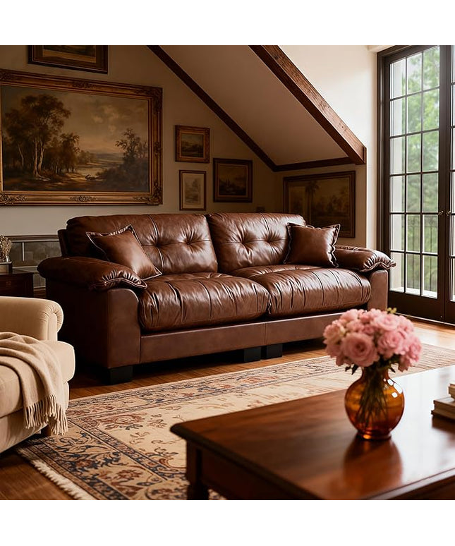 Faux Leather Sofa, Mid Century Modern Deep Loveseats, Comfy Cloud Couch, Tufted Pillow Top Arm Furniture for Living Room, Apartment, Cognac Brown