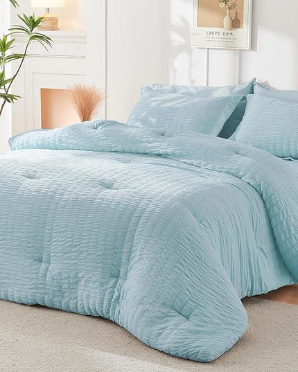 HYMOKEGE Lake Blue California King Comforter Set Seersucker 7 Pieces, All Season Luxury Bed in a Bag for Bedroom, Bedding Set with Comforters, Sheets, Pillowcases & Shams