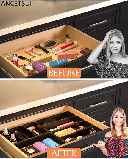 9 Pcs Stackable Drawer Organizer Trays Set, Multifunctional Stackable Storage Trays for Vanity, Bathroom, Kitchen, Desk Drawer Organizer Office. Plastic Drawer Organizers Available In 5 Colours, Black