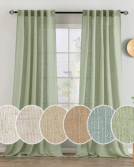 MIULEE Sage Green Linen Curtains 90 Inch Long for Bedroom Living Room, Soft Thick Linen Textured Window Drapes Semi Sheer Light Filtering Back Tab Rod Pocket Burlap Look Farmhouse Decor, 2 Panels