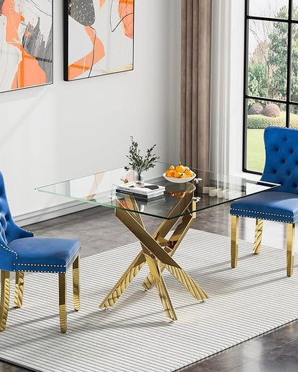 Glass Dining Table Set for 2, Square 36" Dining Table with Gold Cross Metal Leg, 2 Blue Velvet Dining Chairs with Stainless Steel Legs, Modern Glass Kitchen Table and Chairs Set for Small Space