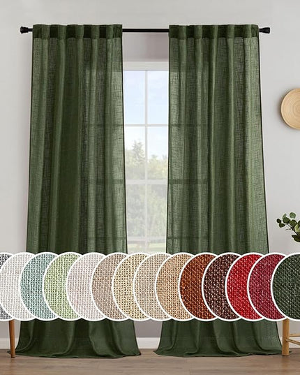 MIULEE Olive Green Linen Curtains 96 Inch Long for Bedroom Living Room, Soft Thick Linen Textured Window Drapes Semi Sheer Light Filtering Rod Pocket Back Tab Christmas Burlap Look, 2 Panels