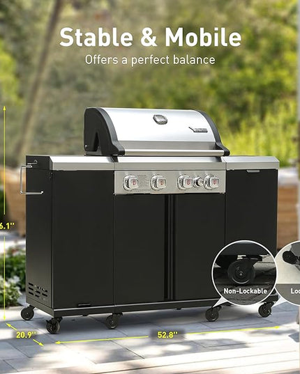 Brand-Man 4-Burner Gas Outdoor Kitchen Grill Island with Side Burner - 44,000 BTU Stainless Steel BBQ Grill Station with Storage Cabinets, Fold-out Prep Table, LPG/NG Convertible, Black