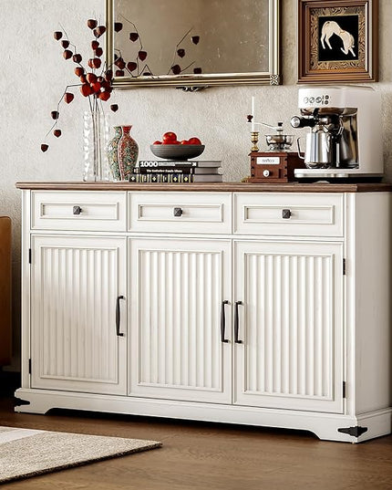 IRONCK Fluted Buffet Sideboard Cabinet with 3 Drawers, 52.9" Farmhouse Large Buffet Table with 3 Doors, Coffee Bar with Adjustable Shelf, Modern Storage Cabinet for Kitchen, Living, Dining Room, White