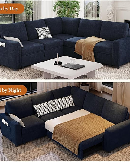 Vesgantti 88.4" Sleeper Sectional Couch with Pull Out Bed, 5 Seater L Shaped Modular Sectional Sofa with Storage, Comfy Chenille Modular Sofa for Living Room, Bedroom, Apartment, Blue