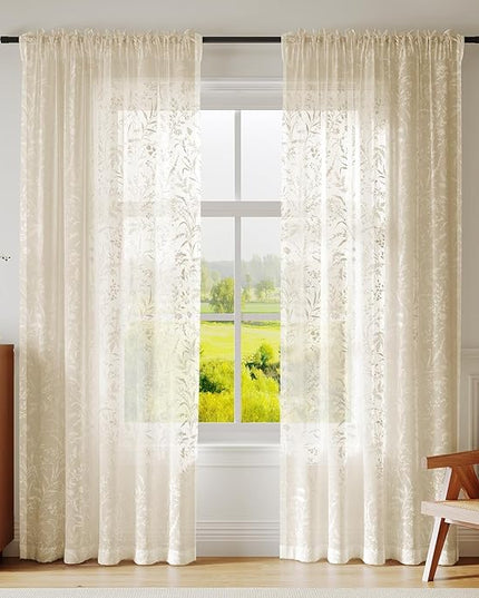 Anmao Taupe Semi Sheer Light Filtering Curtains 90 Inches Long 2 Panels, Leaf Pattern Drapes for Living Room Bedroom, Rod Pocket Sheer Window Treatments with Floral Design, 52x90 Inch