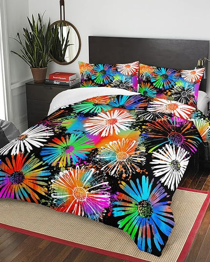 AILONEN Flowers Comforter Set Twin Size, Neon Color Tie-Dye Chrysanthemum Pattern Bedding Set Colorful Plants Theme Quilt Set Bedroom Decor 3Pcs(1 Comforter + 2 Pillowcases)