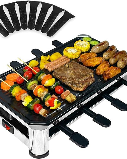 TAMARIT 8-Person Raclette Grill, Electric Party Grill with Nonstick Plate, 8 Pans and Spatulas, 1500 W (Indoor), Stainless Steel