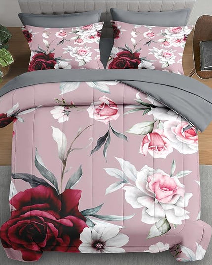 Comforter Set Queen Size, Rose Flower Leaves 7 Pcs Bedding for Kids and Adults, Painting Vintage Bed Sheet Sets with Fitted Sheet 2 Pillowcases & 2 Shams for Bedroom Bed Decor