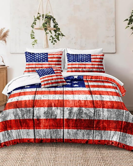 Merryword 8 Pcs Bed in a Bag USA Flag Comforter Set Queen Size American Flag Bedding Set Wooden Planks Bedding Comforter Set