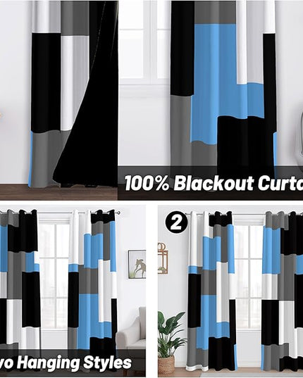 Light Blue 100% Blackout Curtains for Bedroom 63 inch Length 2 Panels Set White Grey Modern Abstract Geometric Black Out Curtains Insulated Room Darkening Window Drapes for Living Room, 52Wx63L