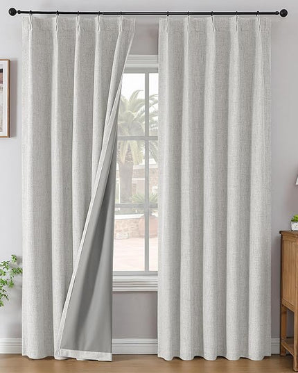 Joydeco Pinch Pleated Curtains - 100% Blackout for Bedroom, White Linen Curtains 40" W x 90" L, Thermal Insulated 2 Panels Light Blocking Drapes, Back Tabs for Living Room