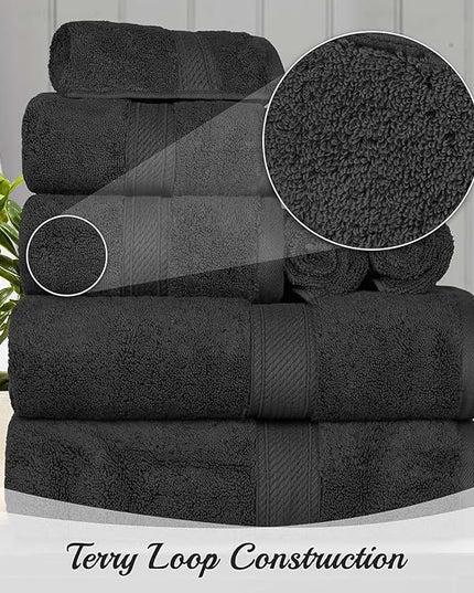 Superior Egyptian Cotton Pile 10 Piece Towel Set, Includes 2 Bath, 4 Hand, 4 Face Towels/Washcloths, Ultra Soft Luxury Towels, Thick Plush Essentials, Guest Bath, Spa, Hotel Bathroom, Black