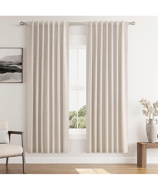 Guken Oatmeal Linen Blackout Curtains 72 Inch Length 2 Panels Set for Living Room Bedroom Back Tab Thermal Insulated 100% Black Out Linen Drapes Room Darkening Window Curtains 72 Inches Long