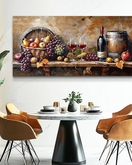 XIGUANGART Kitchen Wall Art Grape Barrel Painting Red Wine Glass Fruit Artwork Prints for Dinning Room Bar Canvas Wall Decor for Living Room Food Still Life Abstract Picture Home Decoration 20x40IN