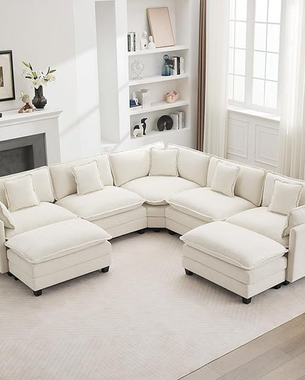 137'' V Shaped Cloud Sectional Sofa, Oversized Deep Seat Couches for Living Room, Chenille Comfy Upholstered Modular Sectional Sofa Couch with 2 Movable Ottoman, Beige
