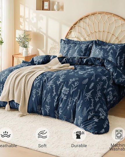 MUXHOMO Navy Blue Full Comforter Set, Elegant Floral Print Bed in a Bag 7 Pieces, Ultra Soft & Breathable Reversible Botanical Pattern Bedding Set with Comforter, Sheets, Pillowcases, and Shams