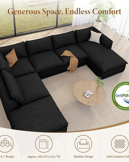 Vesgantti 141.7" Oversized Sectional Boneless Couch, Modern 7 Seater Modular Sofa with Chaise & Ottoman, Deep Seat Plush Corduroy Cloud Couches for Living Room, No Assembly Required, Black