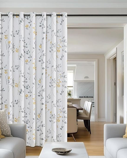 Beauoop Floral 100% Blackout Curtains 84 Inch Length 1 Panel for Patio Sliding Door Extra Wide Yellow Grey Flower Patterned Divider Room Darkening Thermal Soundproof Grommet Window Drapes, 100x84x1