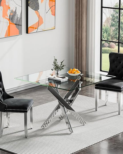 Glass Dining Table Set for 2, Square 36" Dining Table with Silver Cross Metal Leg, 2 Black Velvet Dining Chairs with Stainless Steel Legs, Modern Glass Kitchen Table and Chairs Set for Small Space