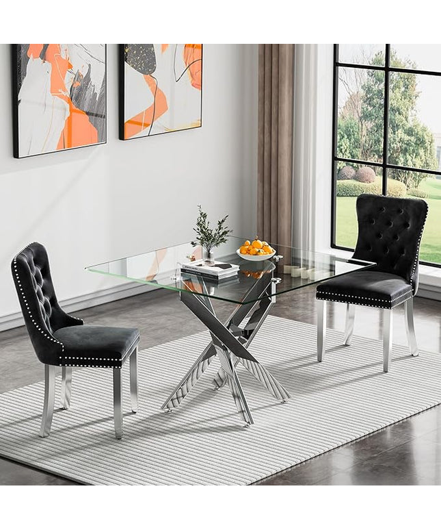 Glass Dining Table Set for 2, Square 36" Dining Table with Silver Cross Metal Leg, 2 Black Velvet Dining Chairs with Stainless Steel Legs, Modern Glass Kitchen Table and Chairs Set for Small Space