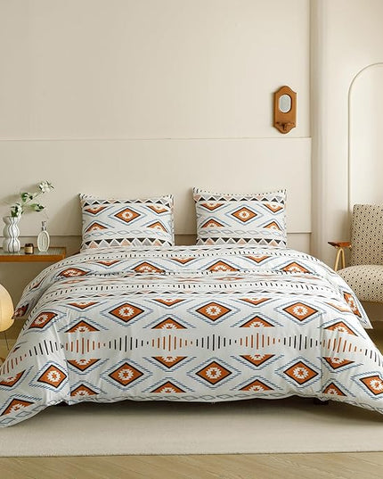 Houseri Orange and Brown Boho Comforter Set King Geometric Mocha Blue Diamonds Artistic Bedding Sets King Size Women Men Earth Tone Bohemian Triangle Farmhouse Retro Fashion Bed Quilt Blankets King