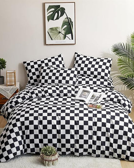 CLOTHKNOW Black White Plaid Queen Comforter Set 3Pcs Grid Bedding Comforter Sets Soft Checker Geometric Queen Comforter with 2 x Pillow Cases