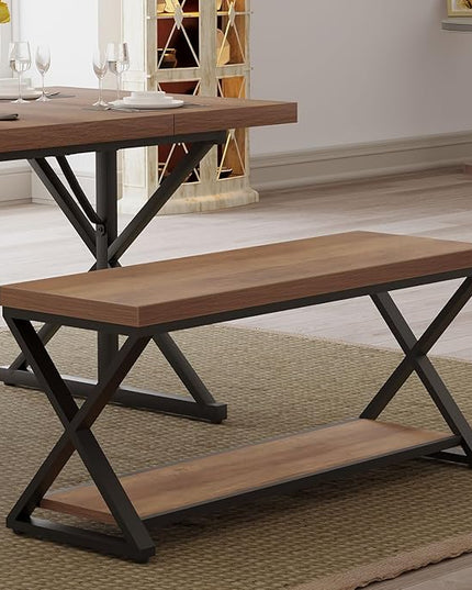 IBF Wood Bench Indoor, Industrial entryway Bench with Shoe Storage for Living Dining Room, Farmhouse Wooden Metal Entry Way Foyer Benches Seat for Bedroom Entryway, Rustic Oak, 39 Inch Long