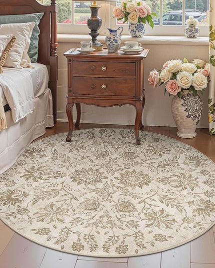 jinchan Torino Classic Floral Round Rug 6ft, Vintage-Inspired Neutral Design 6’Circle Rug, Machine Washable Ultra-Thin Low-Pile Non-Slip Indoor Carpet for Bedroom Living Room Entryway, Taupe