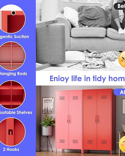 Aobabo Metal Wardrobe Cabinets with Lock, 2 Door Metal Closet wtih 4 Adjustable Shelves and 2 Hannging Rod, Lockable Locker Cabinet, Storage Locker for Home, Office,Red, Assembly Required