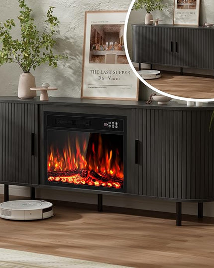 65" Fluted Fireplace TV Stand for TVs Up to 75 inches, Modern Entertainment Center with 23" Electric Fireplace, Wooden Curved TV Console with Sliding Doors for Living Room, Black