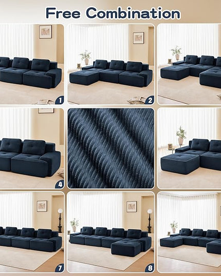 Hommoo Oversized Modular Sectional Sofa, 8 Seat Sleeper Sofa Bed, Comfy Corduroy Couch with Deep Seat, 153”Convertible Boneless Couch with Ottoman for Living Room No Assembly Required Blue