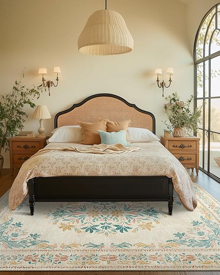 jinchan Vintage Floral 6x9 Area Rugs for Living Room - Machine Washable Distressed Design Soft Throw Rug Ultra-Thin Non-Slip Large Carpet for Bedroom Nursery Dining Room Home Office (6x9ft, Apricot)