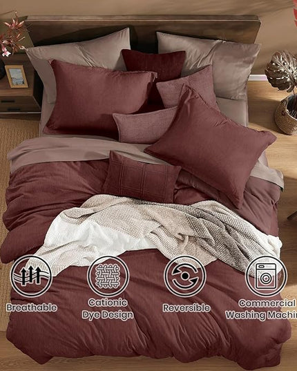 Monbix California King Comforter Set - 7 Pieces Cationic Dyeing Dark Red Bed in a Bag Cal King Bedding Sets with Comforter, Sheets, Pillowcases & Shams, Reversible Bedding Comforters Sets (108 * 92)