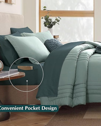 Monbix Oversized Queen Comforter Set - 7 Pieces Sage Green Bed in a Bag Oversized Queen Bedding Sets with Comforters, All Seasons Down Alternative Comforter Bed Set with Sheets,Pillowcases & Shams