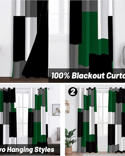 Green 100% Blackout Curtains for Bedroom 108 inch Extra Long 2 Panels Set Hunter Green Grey Modern Abstract Geometric Black Out Curtains Room Darkening Window Drapes for Living Room, 52Wx108L