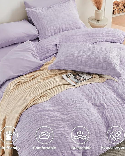 HYMOKEGE Lavender King Size Comforter Set Seersucker 7 Pieces, All Season Luxury Bed in a Bag for Bedroom, Bedding Set with Comforters, Sheets, Pillowcases & Shams