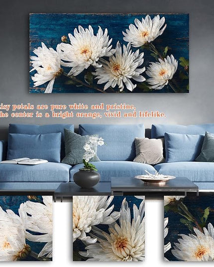HUADAOART White Chrysanthemum Canvas Wall Art 48 x 24 inches Navy Blue Background Contemporary Floral Print Living Room Decor