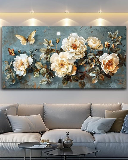 PHAOHUAXM Large Canvas Wall Art For Bedroom Wall Decorations For Living Room Office Decor Abstract Pictures White Flower Dining Room Painting Artwork Modern Framed Posters Home Decoration 24"x48"