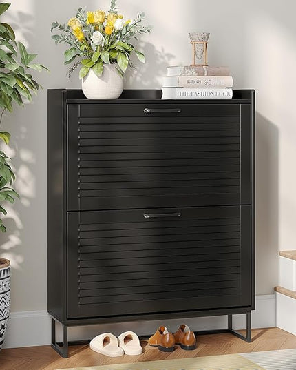 Maupvit Shoe Storage Cabinet with 2 Flip Louvered Doors, Freestanding Organizer with Metal Legs, Shoe Cabinet for Entryway, Narrow Shoe Rack Cabinet, Black