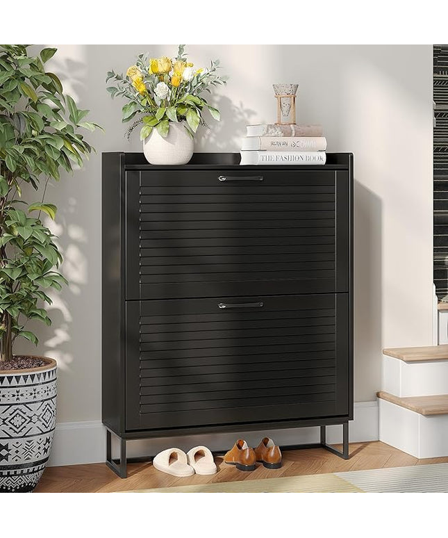 Maupvit Shoe Storage Cabinet with 2 Flip Louvered Doors, Freestanding Organizer with Metal Legs, Shoe Cabinet for Entryway, Narrow Shoe Rack Cabinet, Black