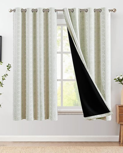 jinchan 95% Blackout Boho Curtains 63 Inch Length for Bedroom Living Room Sage Green on Beige Geometric Printed Grommet Top Room Darkening Thermal Insulated Window Drapes 2 Panels