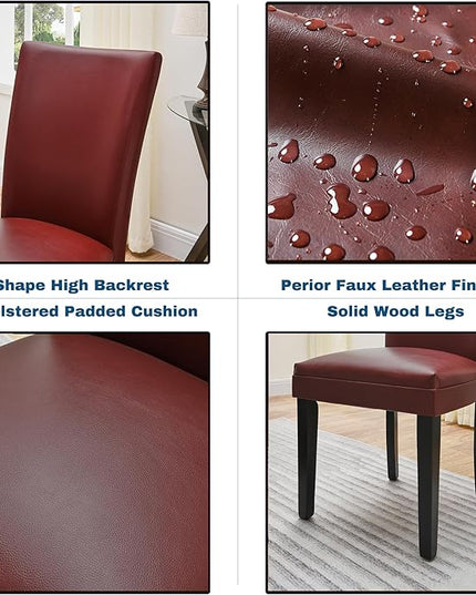 PADMA HOUSE Round Glass Dining Table Set for 6, 45in Modern Kitchen Small Wood Dinner Table with 6 Parsons Leather Dining Chairs 7 Piece Dining Room Table Chair Set, Clear&Wine Red