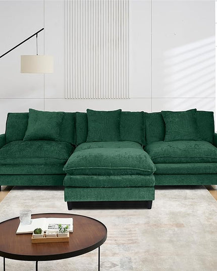 Modular Sectional Sofa,Modern Sofa Sleeper Couch,3 Seat & 1 Ottoman,Comfy Cloud Couches Soft Chenille Sofa Set with Movable Ottoman Deep Seat Sofa for Living Room (Green, L Shaped)