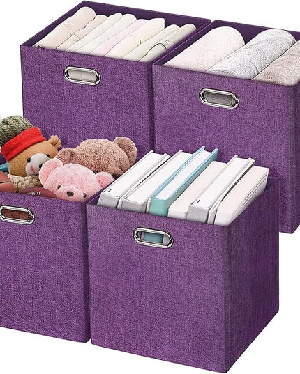 Storage Basket Bins,13×13×13 Foldable Storage Cube Boxes Fabric Drawer for Closet Shelf Cabinet Bookcase - Set of 4, Purple