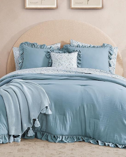 Queen Comforter Set - 7 Pieces Ruffle Blue Bedding Sets, Shabby Chic Farmhouse Bed in a Bag Queen with Ruffle Comforter, Floral Sheets, Pillowcases & Shams