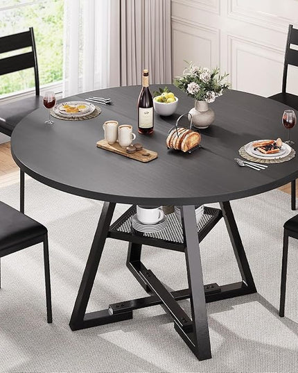 Round Dining Table for 4,Kitchen Dining Room Circle Dinner Pedestal Table,Space Saving Wood Kitchen & Dining Room Furniture (Black, 47In)