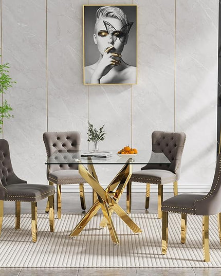 Glass Dining Table Set for 4, Square 36" Dining Table with Gold Cross Metal Leg, 4 Gray Velvet Dining Chairs with Stainless Steel Legs, Modern Glass Kitchen Table and Chairs Set for Small Space