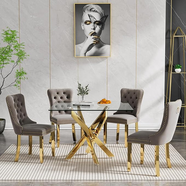 Glass Dining Table Set for 4, Square 36" Dining Table with Gold Cross Metal Leg, 4 Gray Velvet Dining Chairs with Stainless Steel Legs, Modern Glass Kitchen Table and Chairs Set for Small Space