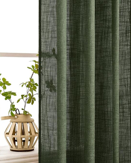 MIULEE Olive Green Linen Curtains 102 Inch Length 2 Panels for Bedroom Living Room, Soft Thick Linen Textured Window Drapes Semi Sheer Light Filtering Back Tab Rod Pocket Burlap Look Decor